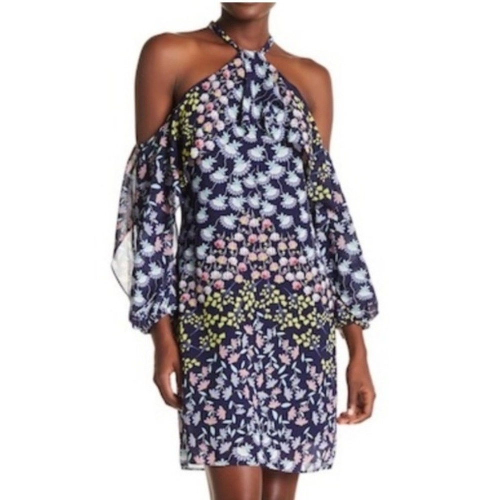 Nanette Lepore Navy Floral Cold Shoulder Halter Ruffle Dress Size 8 NEW